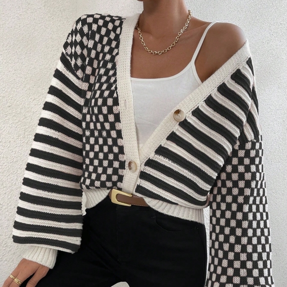 Sweaters - Striped & Checker Pattern Lantern Sleeve Drop Shoulder Cardigan